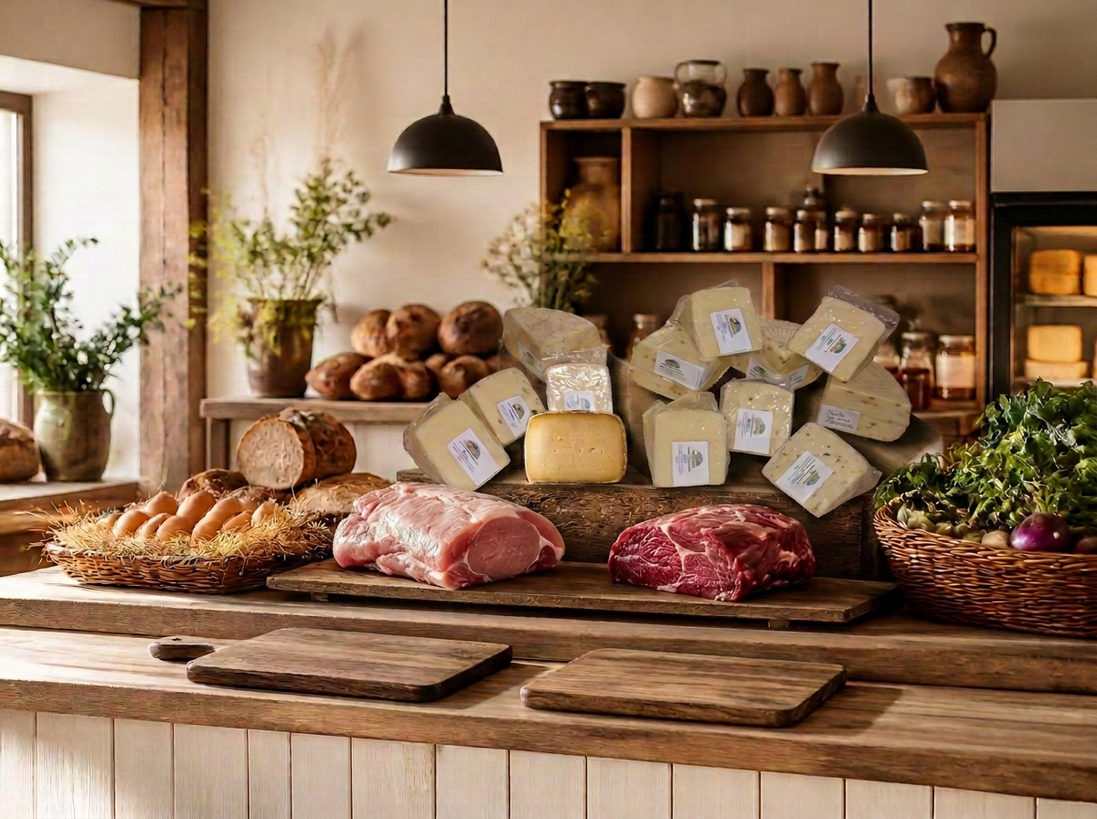 Verkaufstheke im Hofladen mit Brot, Käse, Wurst und Eiern